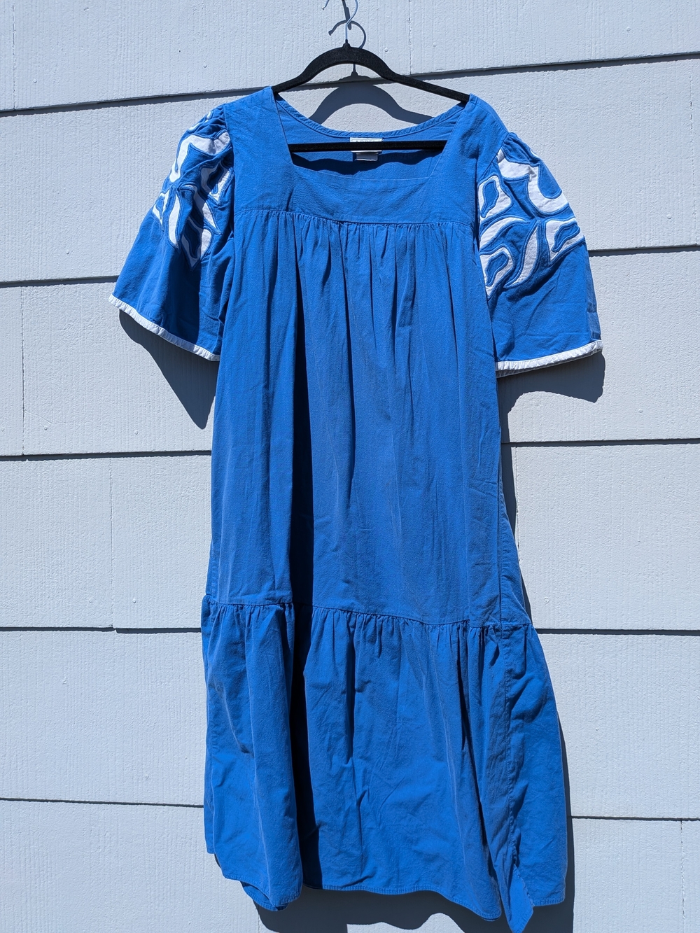 Vintage Blue Embroidered Sleeve Cotton Dress